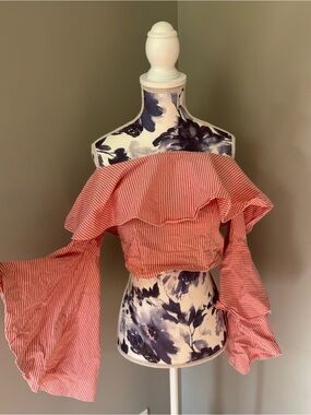 Coral Striped Off-Shoulder Ruffle Bell-Sleeve Crop Top